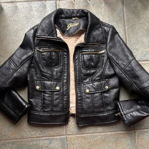 Guess Vintage Black Wool and Faux Leather Moto Jacket with Gold Details